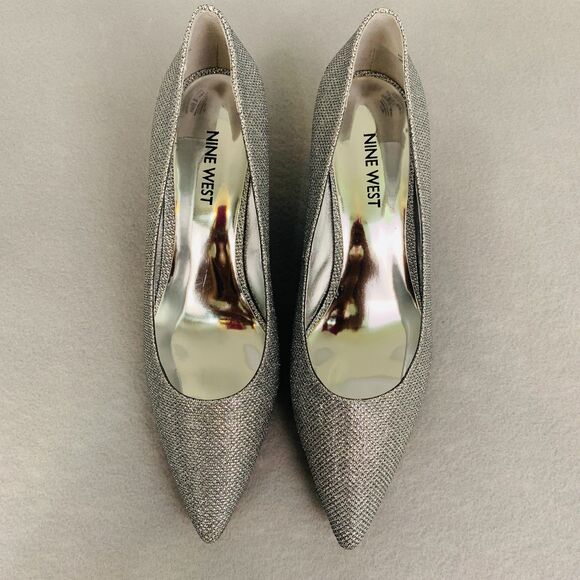 Nine West Silver Metallic Heels 7.5 Pointed Toe Pumps Wedding Party Shoes - Picture 4 of 6
